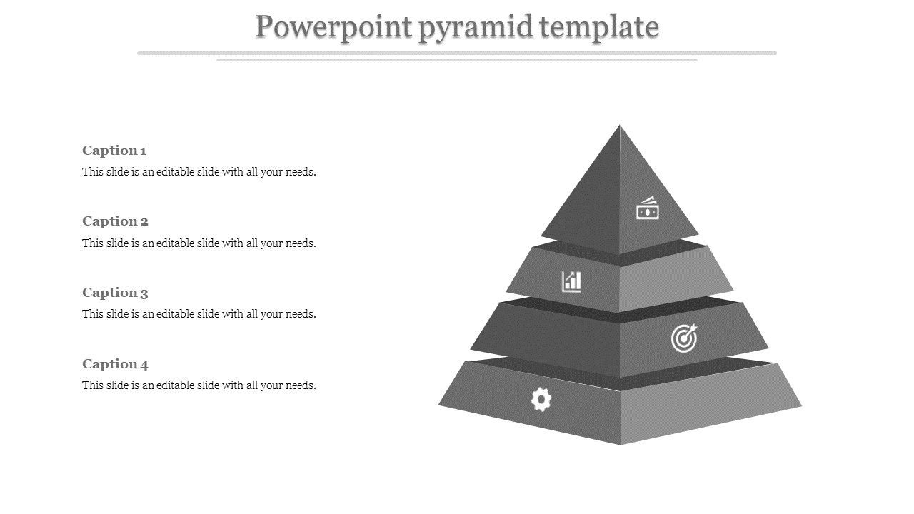 Gray 3D pyramid graphic with four levels, each featuring an icon and captions on the left side.