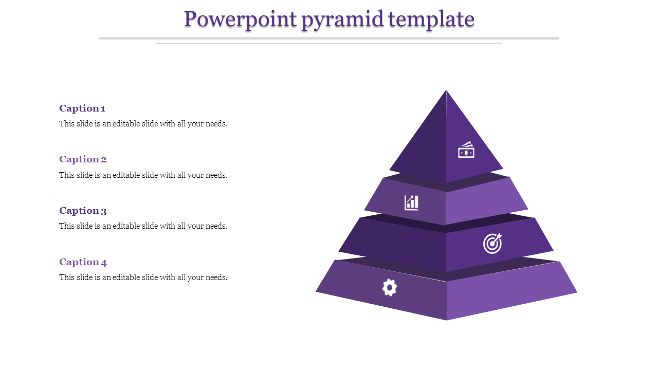 Stacked purple pyramid illustration with icons representing steps, paired with text captions in a horizontal layout.
