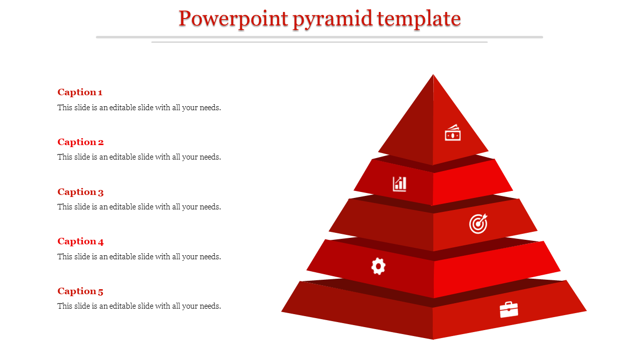 Red pyramid template divided into five segments, each labeled with icons and corresponding captions on the left.