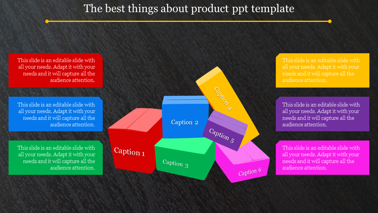 Colorful 3D block diagram with six labeled captions in red, blue, green, yellow, purple, and pink on a dark background.