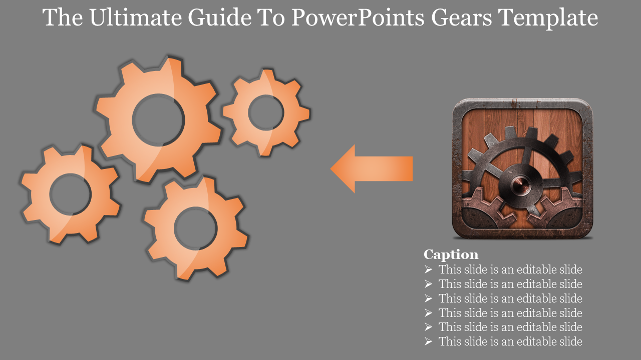 Four orange gears interconnected on the left with a metallic gear icon and wooden background on the right.