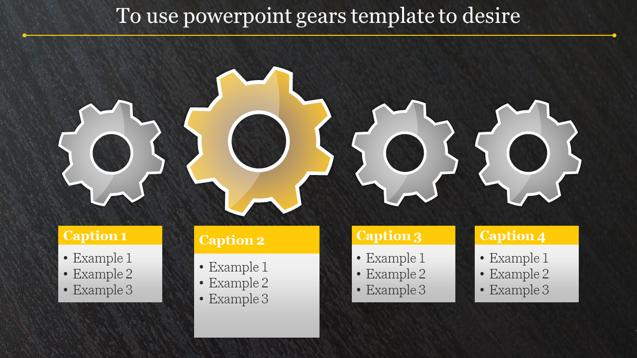 Slide with four gray gears, one highlighted in gold, and yellow captioned text boxes below, on a dark background.