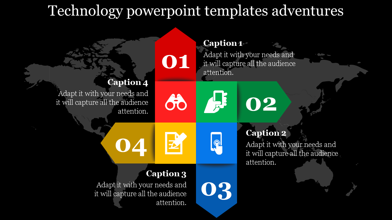 Four colorful arrows in red, green, blue, and yellow), forming a cross, numbered 01 to 04 with captions and icons.