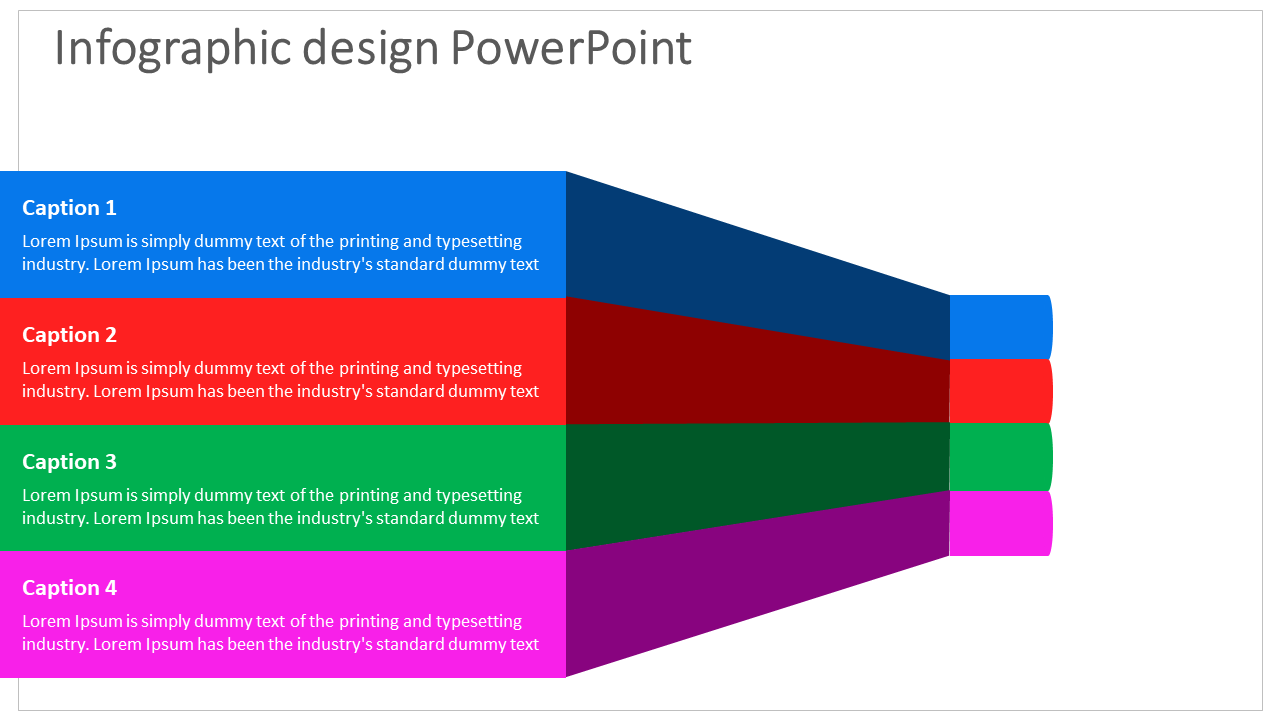 Infographic design PowerPoint with color coded blocks representing different sections blue, red, green, and purple.