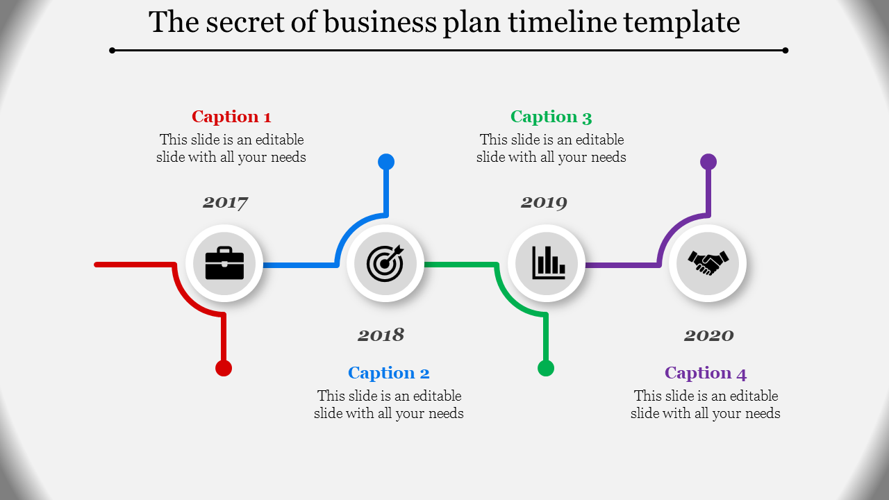 Horizontal business timeline from 2017 to 2020 with icons and captions in red, blue, green, and purple.