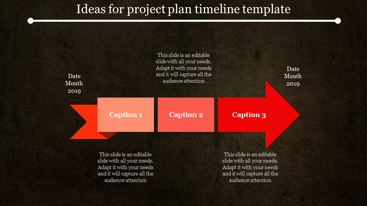 Timeline template with editable sections for dates, captions, and descriptions, using a dark background and red arrows.