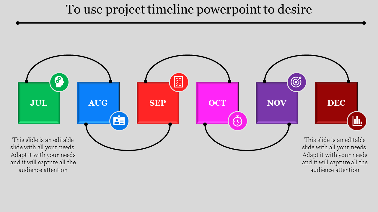 Timeline with six colorful squares for months, each with icons and connected by black curved arrows.