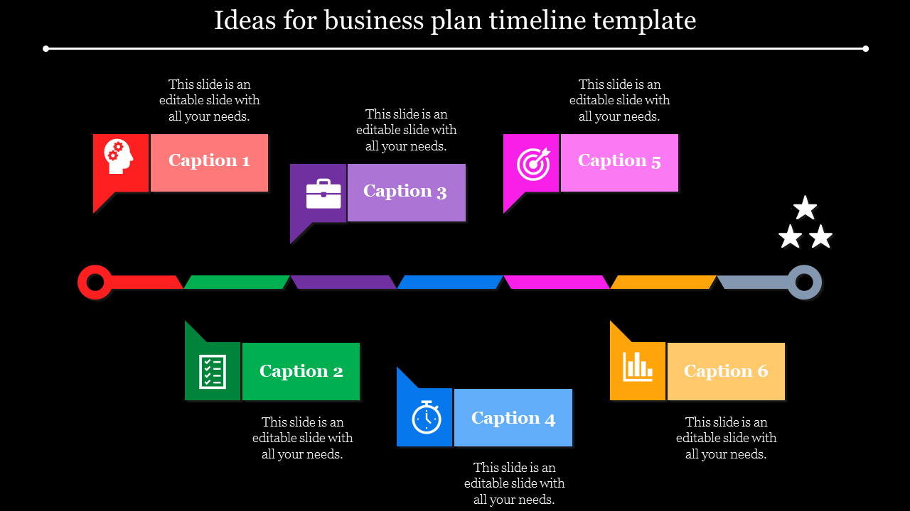 PowerPoint template with a horizontal timeline and six numbered captions for outlining business stages with captions.