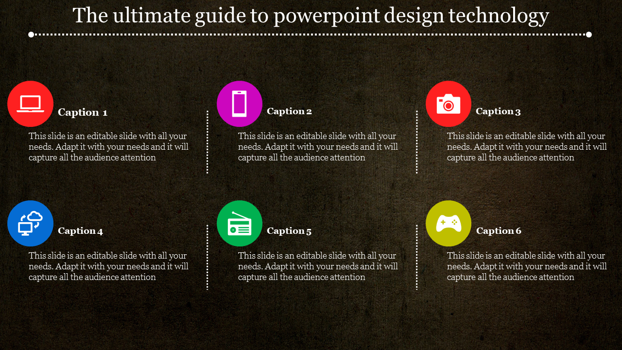 Dark-themed slide with six circular icons in red, pink, green, blue, and yellow representing technology elements.
