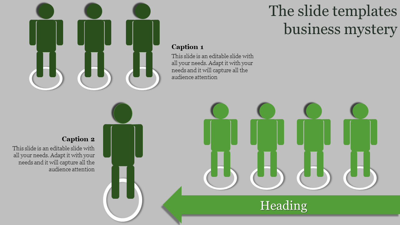 Business slide with multiple green human icons grouped in circles, featuring two caption areas in a grey backdrop.