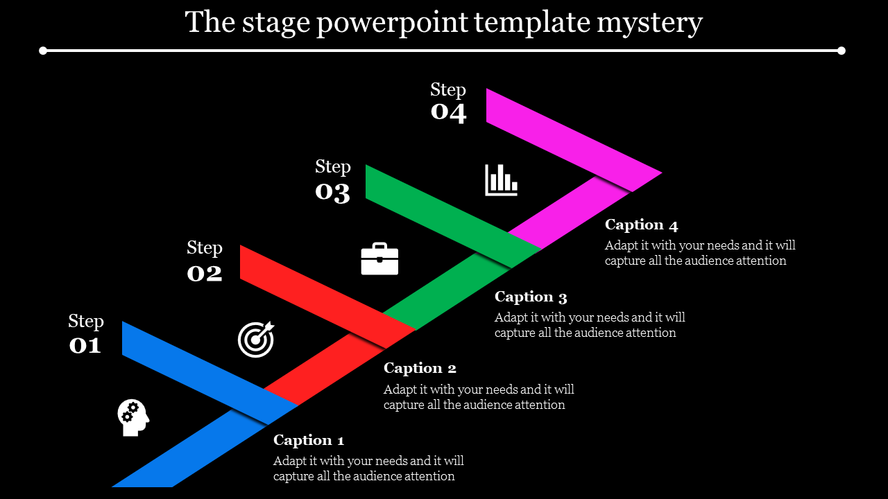 Colorful stage diagram with four steps, labeled 01 to 04, showing head, target, briefcase, and bar chart icons.