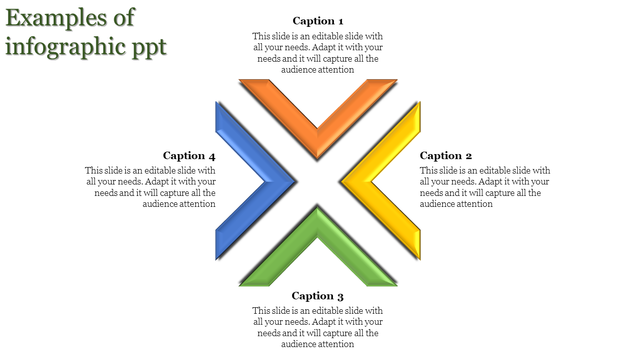 Infographic slide with four angled arrows pointing inward in blue, green, yellow, and orange, with text captions around.