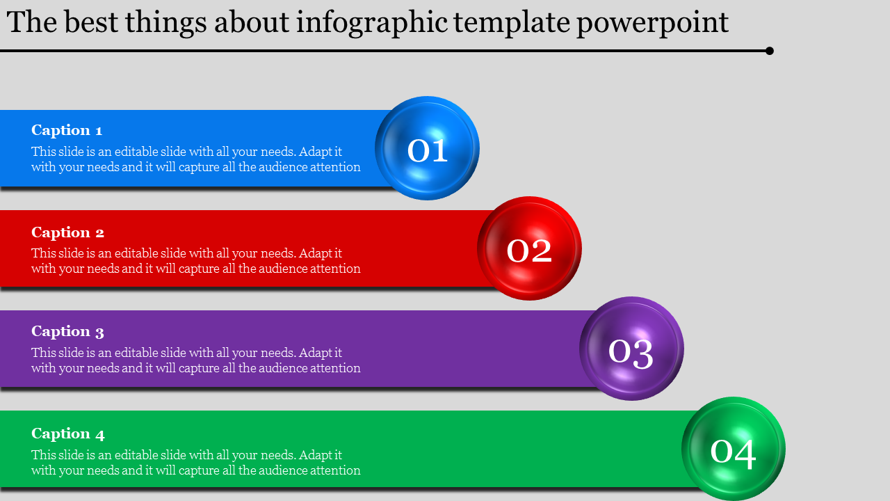 Infographic PowerPoint slide with numbered sections in blue, red, purple, and green, each with captions.