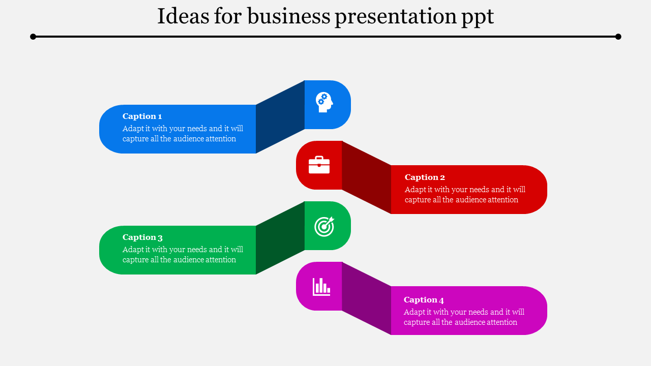 Business slide with four colorful horizontal banners featuring captions areas and unique icons.