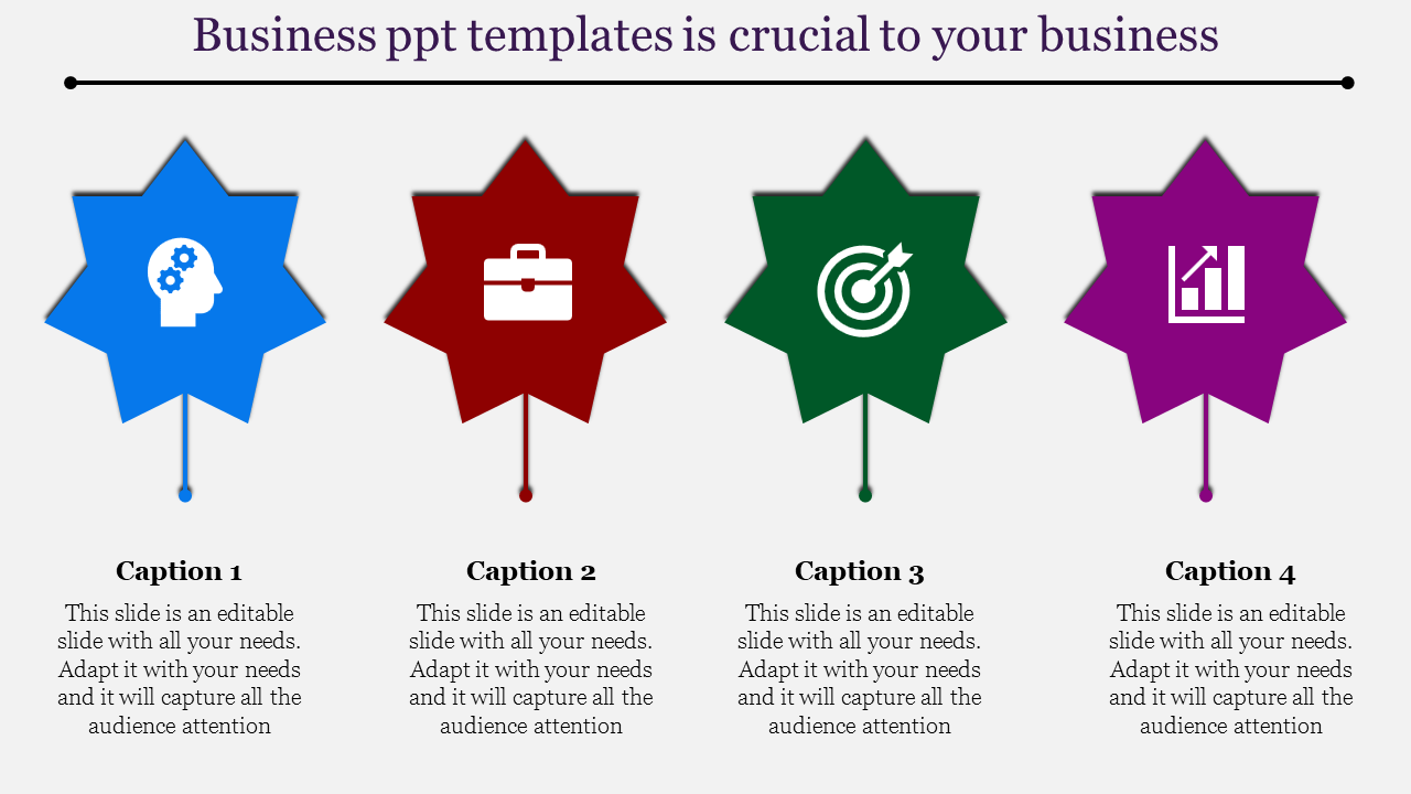 Four colorful star shaped labels in blue, red, green, and purple with icons and captions underneath on a white background.