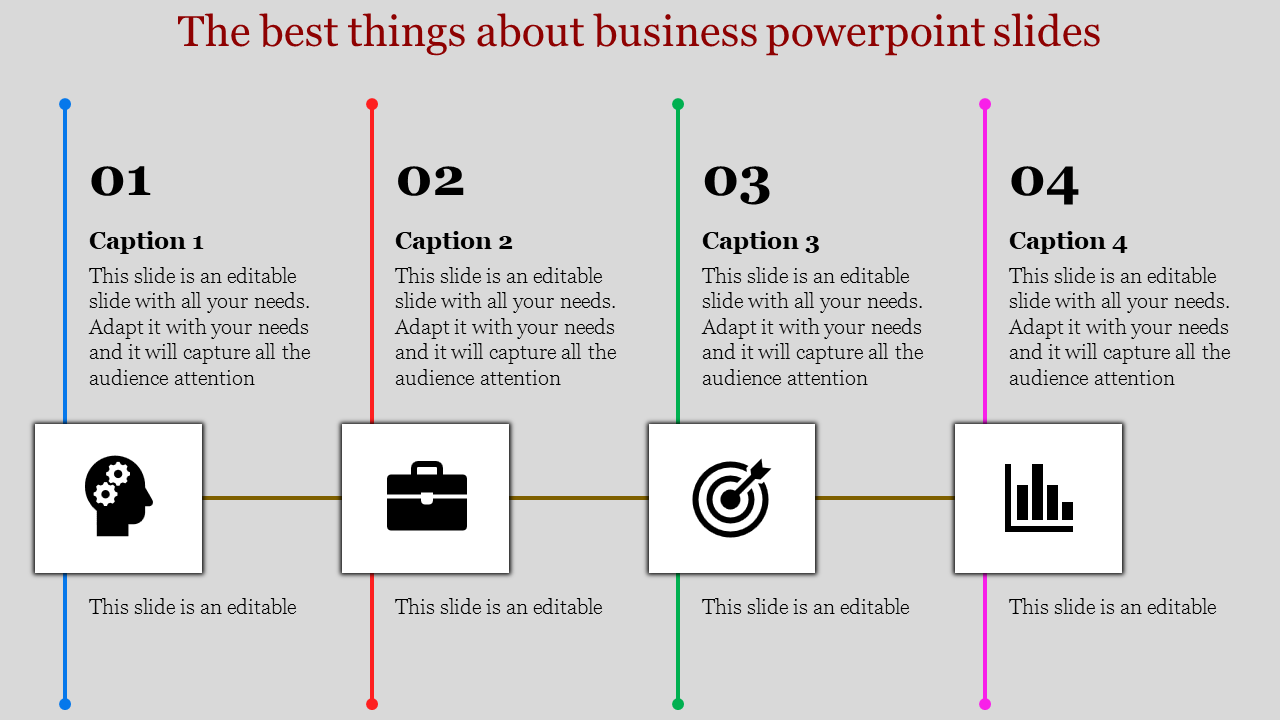 Business slide with four sections, each showing an icon, and placeholder text areas, connected by colored vertical lines.