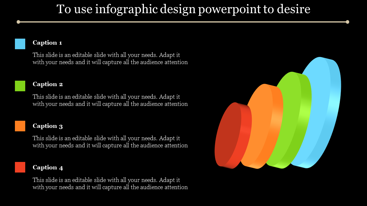 Four stacked, colorful 3D circles in blue, green, orange, and red, with matching captions on a black background.