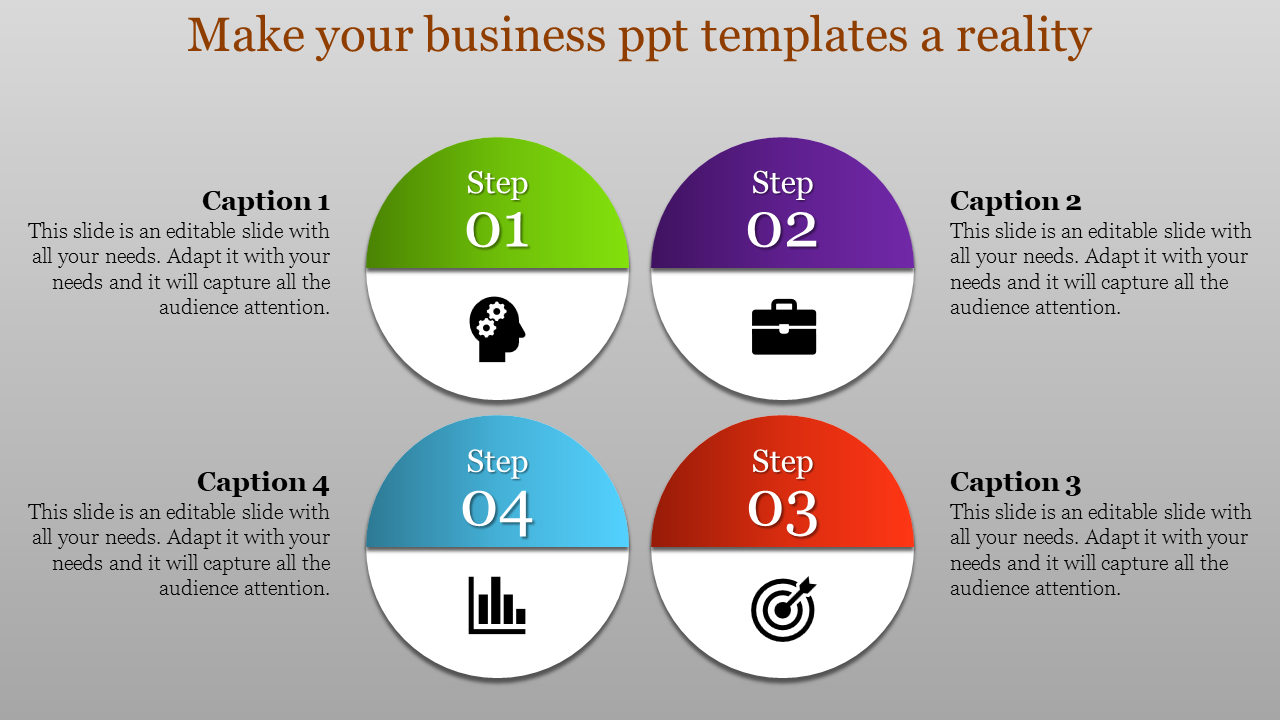 Business slide with four colorful semi circles in green, purple, red, and blue, labeled 01 to 04 with icons and captions.
