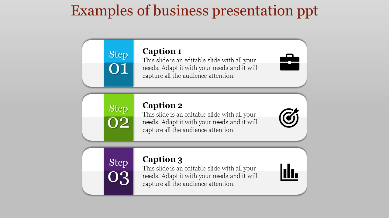 Step-by-step business slide with three sections, icons of briefcase, target, and bar chart in distinct colors.