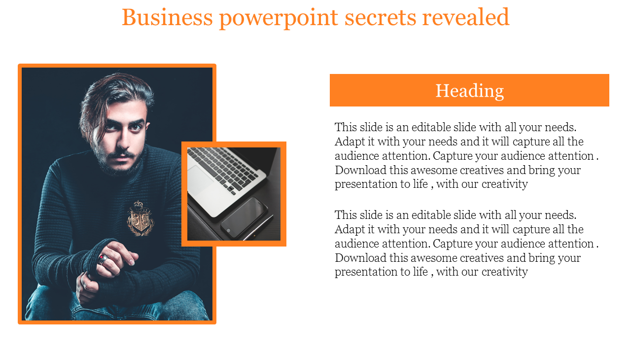 Business slide with an orange theme, featuring a photo of a man and laptop on the left, and text content on the right.