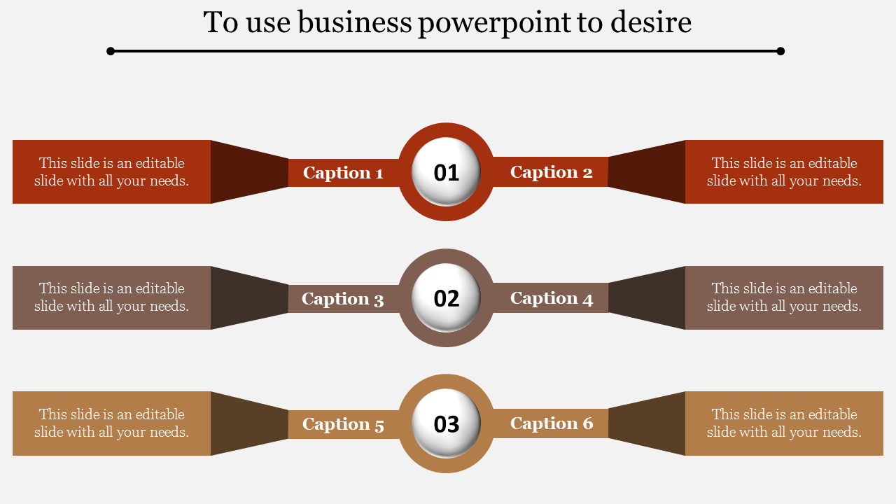 Business PowerPoint slide design with colorful sections for each caption and stage.