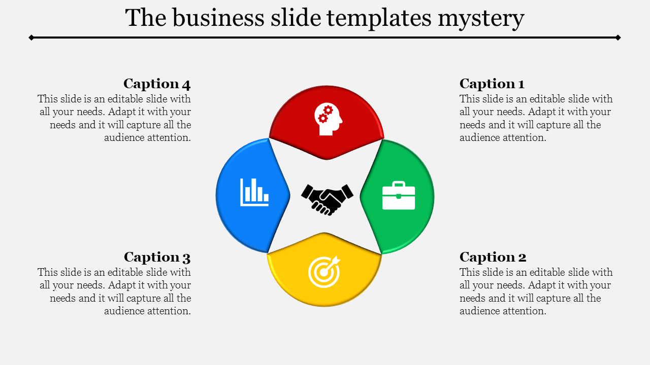 Slide design showing a business-themed petal chart with four colored segments and icons, arranged around a handshake center.