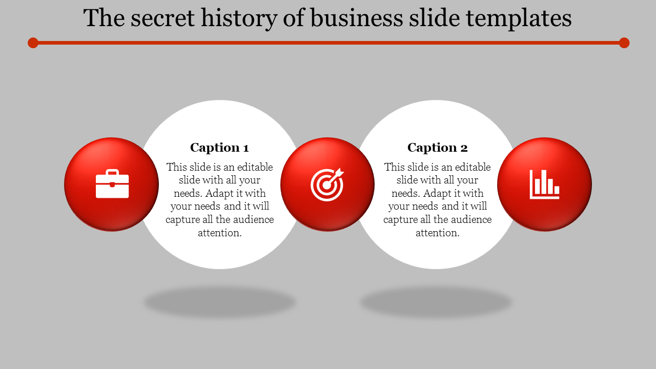 Slide with two text areas and three red circular icons representing business concepts briefcase, target, and analytics.