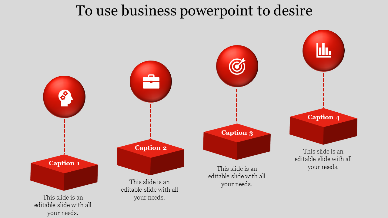 Business themed slide with red spheres and icons for strategy, tools, goals, and analytics, each below with placeholders.