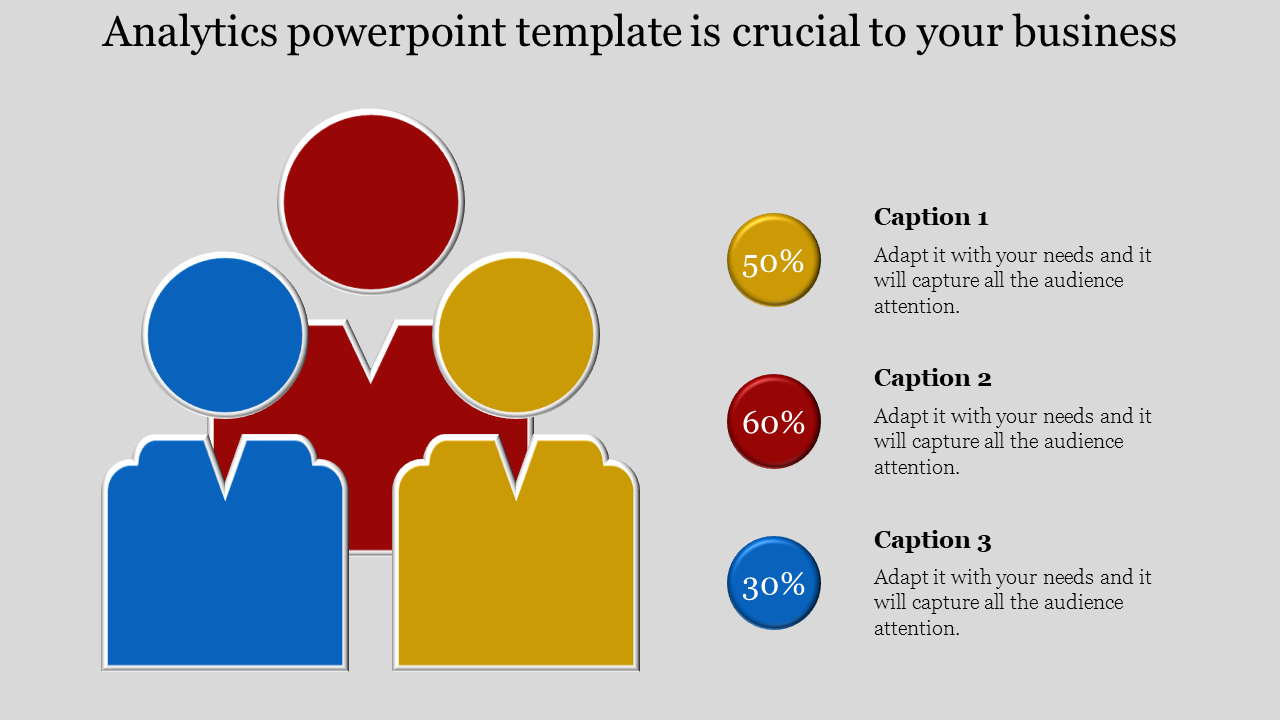 Colorful human shaped icons in red, blue, and yellow with captions and percentage markers on a gray background.