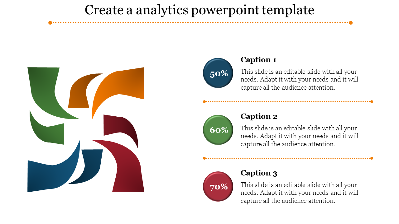 Colorful curved shapes in green, orange, red, and blue create a design beside three rounded percentage icons.