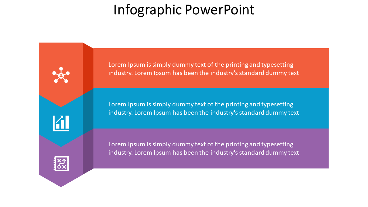 Three stacked horizontal blocks in orange, blue, and purple with icons and text on a white background.