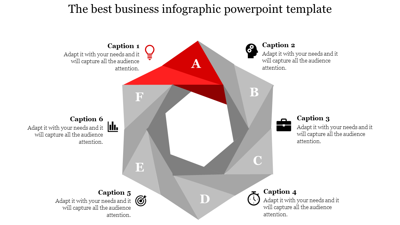 Hexagonal infographic with red and gray triangular segments labeled A to F, paired with captions around the diagram.
