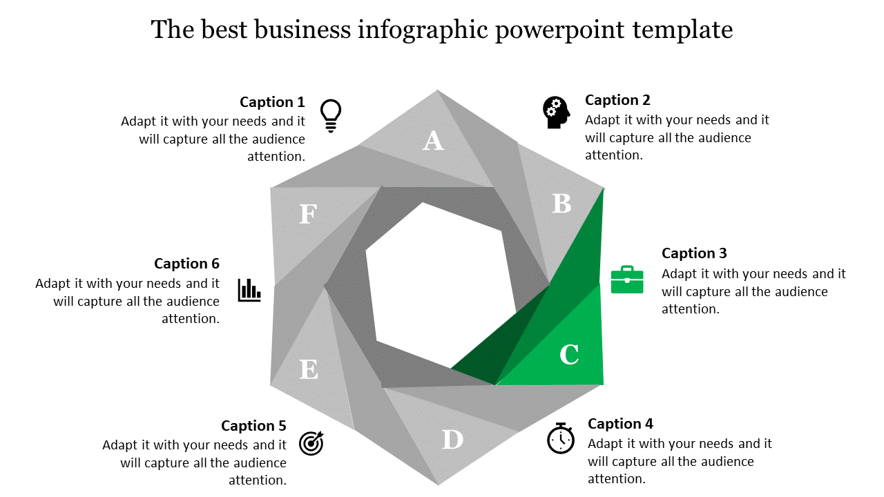 Hexagonal infographic with gray and green triangular segments labeled A to F, paired with captions and icons.