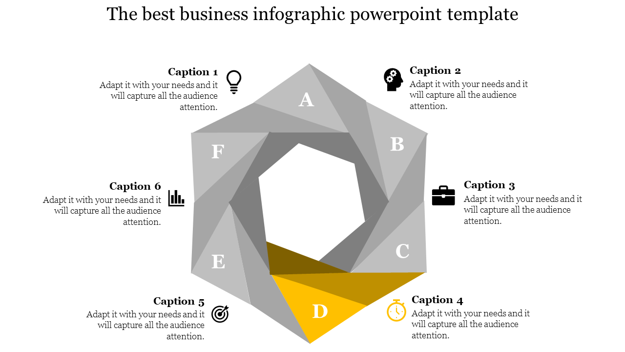 Gray polygonal infographic with six segments labeled A to F, featuring captions around and one highlighted in yellow.