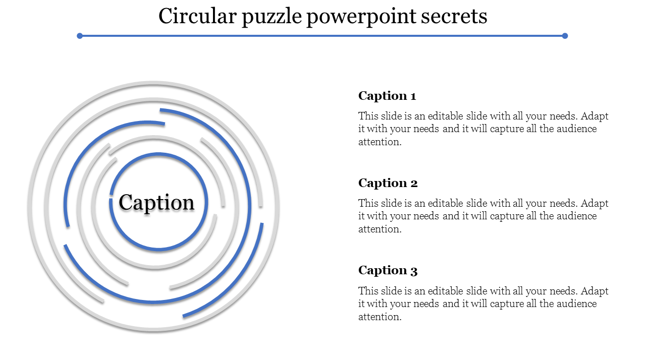 Concentric circular puzzle with alternating blue and gray segments and captions on the side in a white backdrop.
