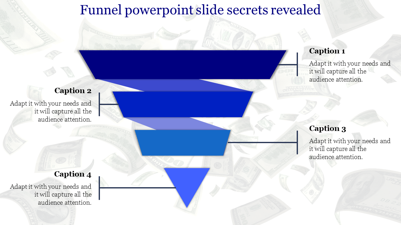 Blue funnel infographic with four layers, each labeled with captions, over a background of floating dollar bills.