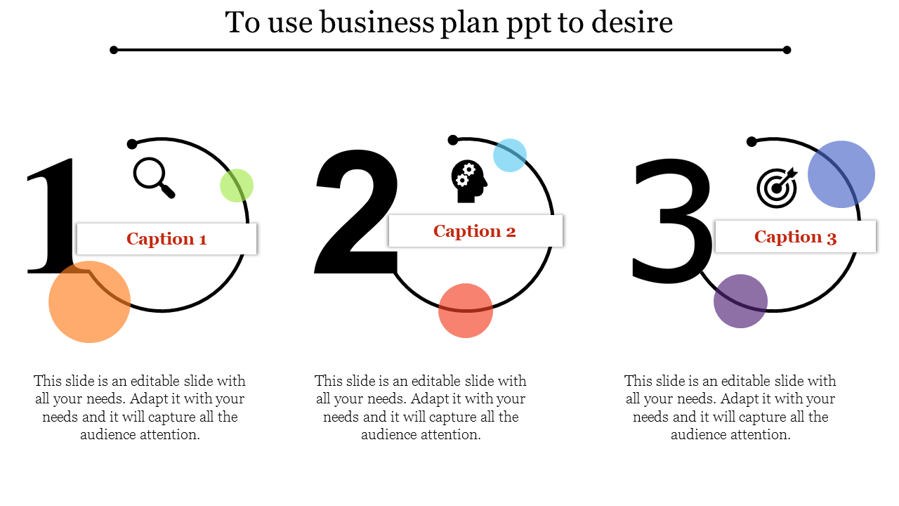 Business plan slide with three numbered steps, each accompanied by icons representing a magnifying glass, brain, and target.