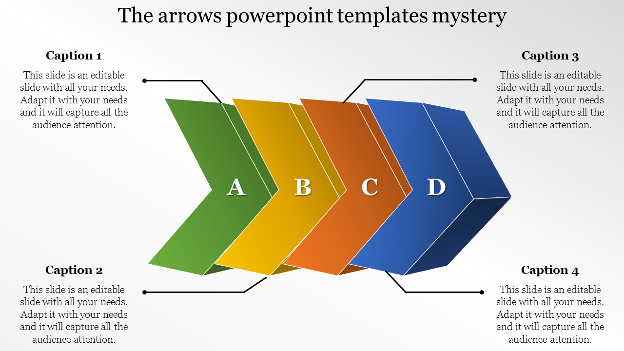PowerPoint template featuring four colorful arrows with labeled sections and captions.