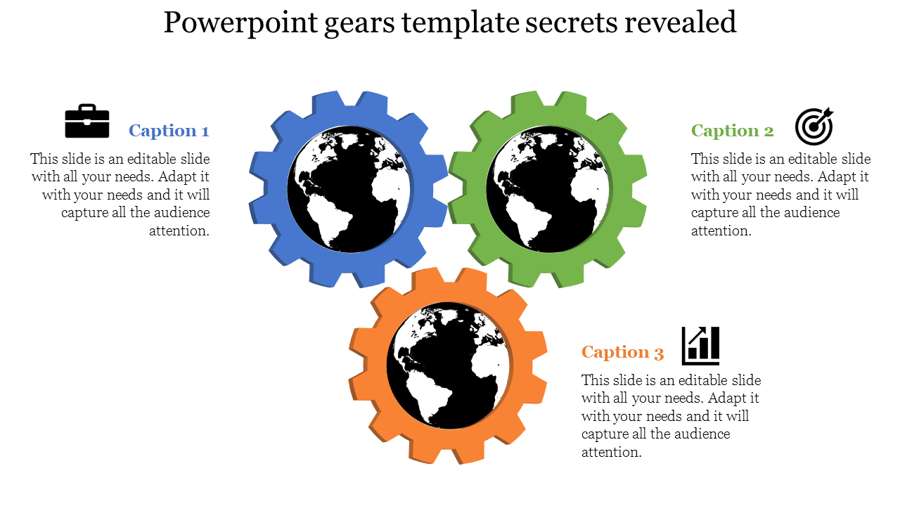 Three interconnected gears in blue, green, and orange with globe inside, featuring captions and icons.