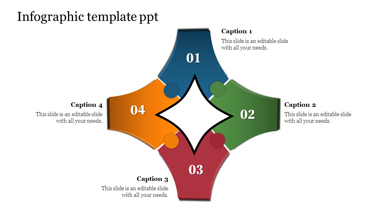 Multi directional infographic with numbered blue, green, red, and orange arrows pointing toward a central diamond design.