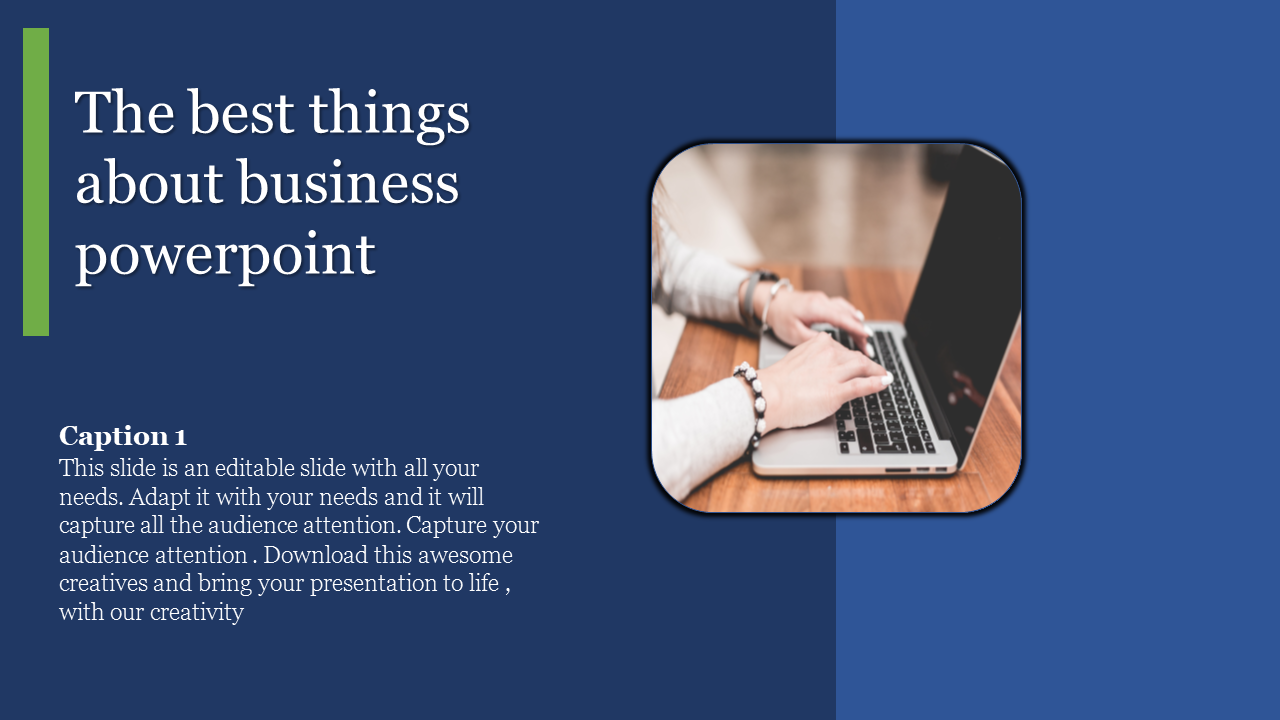 PowerPoint slide showing the benefits of business presentations with a focus on using creative designs.