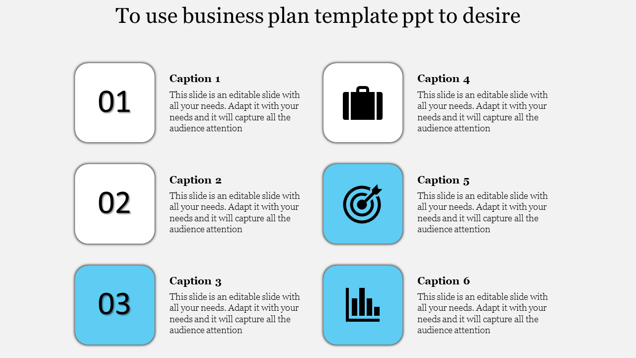 Six-step business plan template slide with icons representing a briefcase, target, graph, and more in a clean design.