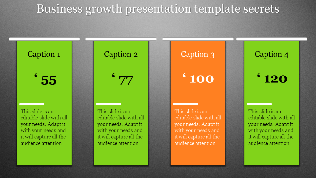 Four-step business growth slide with colorful banners, each showing a number and a description for each step.