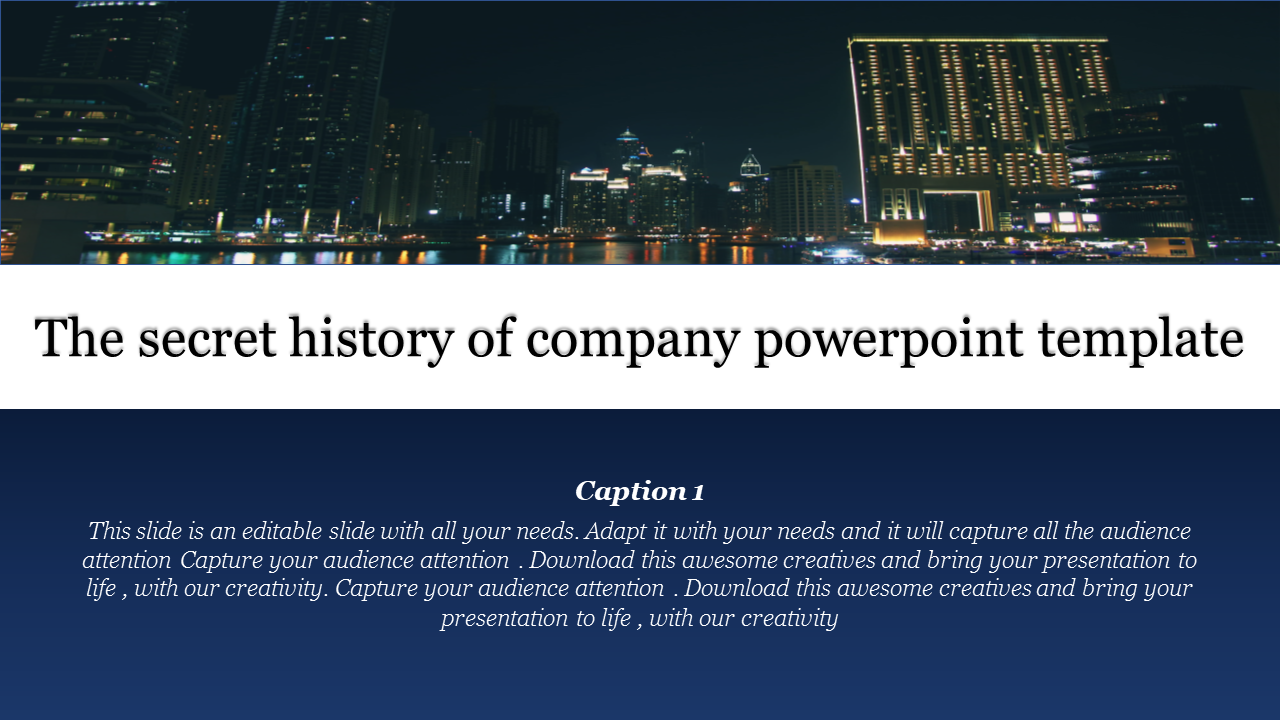 Night time company template cityscape with skyscrapers reflecting on the water, placed above a navy blue text block.