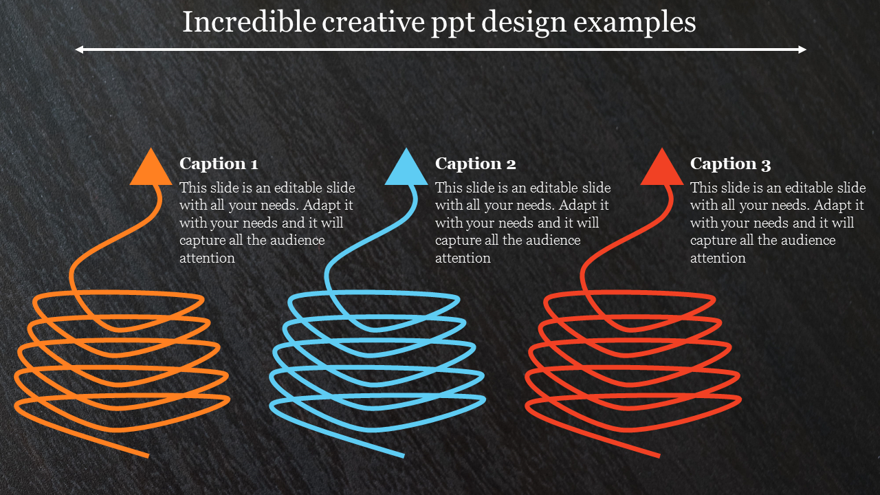 Creative slide design with three stacked spiral shapes in orange, blue, and red, each paired with captions areas.