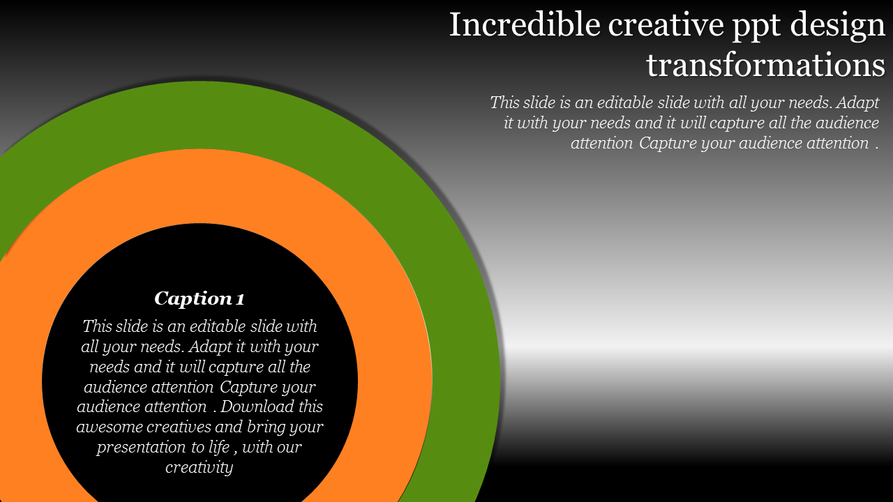 Concentric green and orange circles on a gradient gray background, with central black text area.