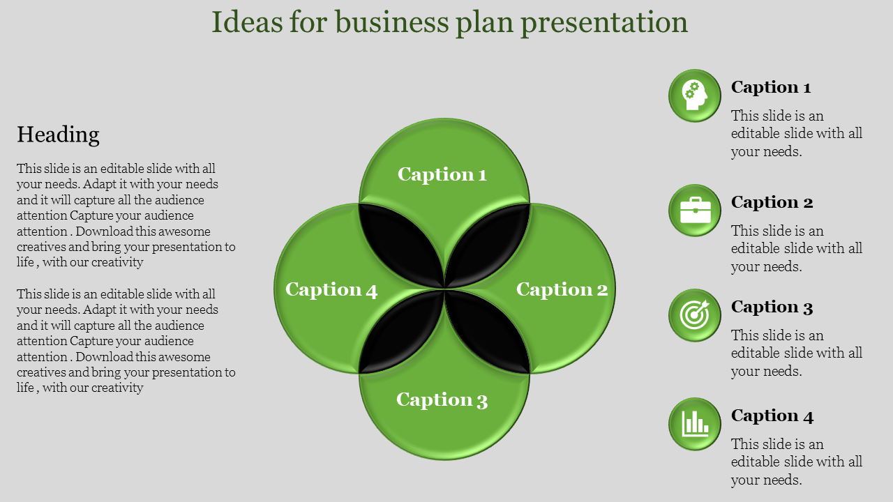 Four leaf clover layout with green and black petals on a light gray background, and four captions on the right.