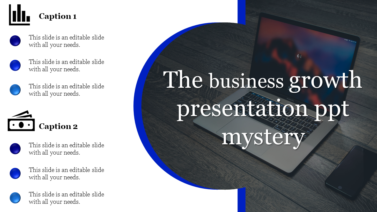 Business-themed slide with a focus on captions and icons on the left, complemented by a blurred laptop photo on the right.