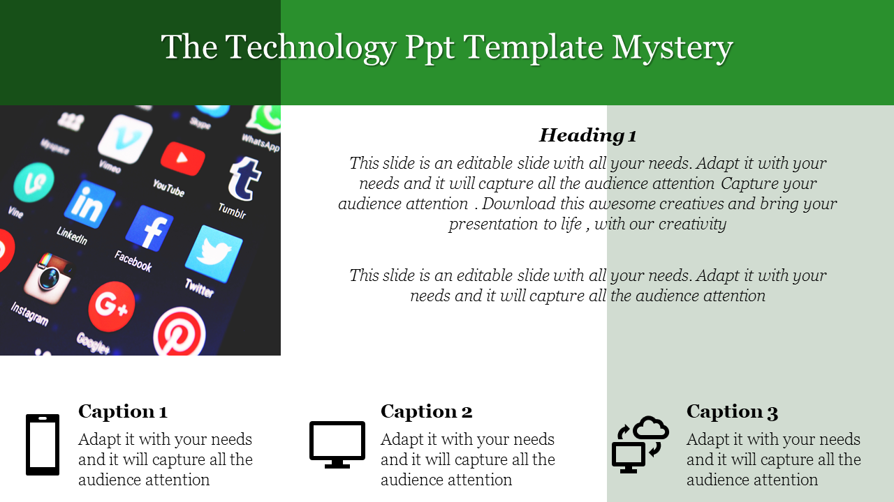 Technology themed slide featuring social media app icons on the left, a green header, and three captions with icons below.