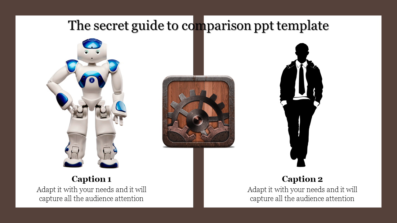 Comparison layout featuring a humanoid robot, a wooden gear symbol, and a black and white man silhouette.